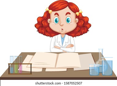 Scientist working on the desk with many notes illustration