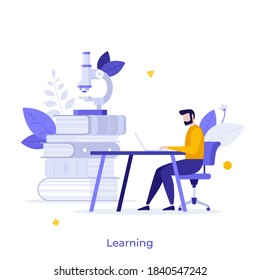 Scientist working on laptop or student preparing for exam, books and microscope. Concept of learning, studying, scientific research, academic knowledge. Modern flat vector illustration for poster.