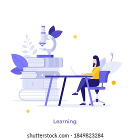 Scientist working on laptop or student preparing for exam, books and microscope. Concept of learning, studying, scientific research, academic knowledge. Modern flat vector illustration for poster.