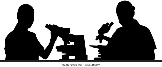 Scientist Working on Microscope Silhouette Vector Art, Microbiology Researcher Silhouette: Vector Art of Microscope Study