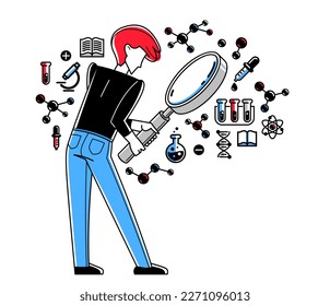 Científico trabajando en alguna investigación científica o invención, descubriendo teoría y educación de aprendizaje, ilustración de contorno vectorial, ciencia teórica, universidad.