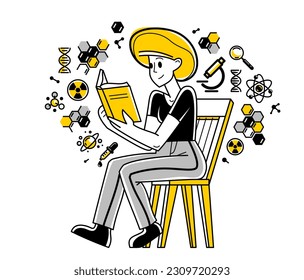 Scientist working on some science research or invention, discovering theory and learning education, vector outline illustration, theoretical science, university.