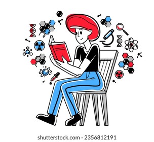 Científico trabajando en alguna investigación científica o invención, descubriendo teoría y educación de aprendizaje, ilustración de contorno vectorial, ciencia teórica, universidad.
