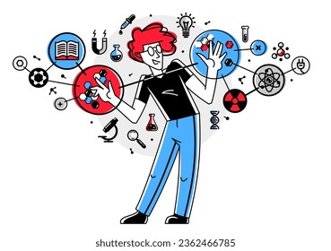 Scientist working on some science research or invention, discovering theory and making an experiments, vector outline illustration, physics and chemistry.