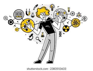 Científico trabajando en alguna investigación científica o invención, descubriendo teoría y haciendo experimentos, ilustración de contorno vectorial, física y química.
