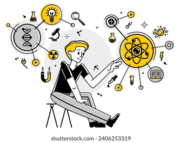 Scientist working on some science research or invention, discovering theory and making an experiments, vector outline illustration, physics and chemistry.