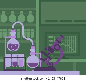 A scientist working in a scientific laboratory with microscope and other science lab equipment

