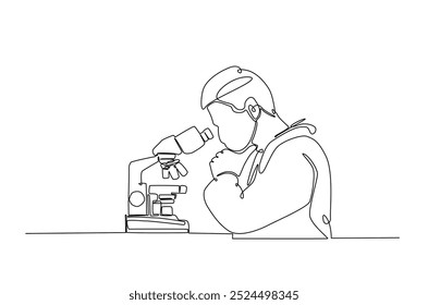 Scientist working using microscope in continuous one line drawing. Single line art illustration of scientist. Editable vector.