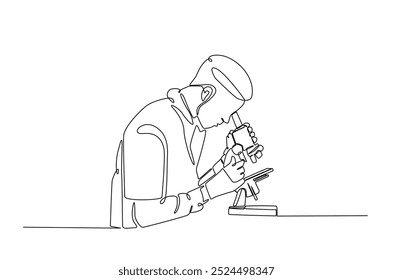 Scientist working using microscope in continuous one line drawing. Single line art illustration of scientist. Editable vector.