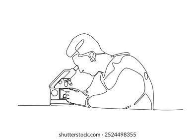 Cientista trabalhando usando microscópio em desenho contínuo de uma linha. Ilustração em arte de linha única de cientista. Vetor editável.