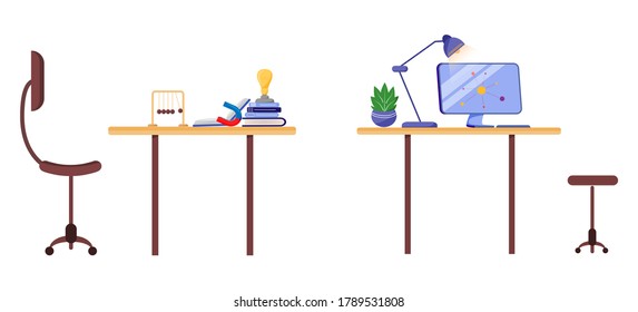 Scientist workplace flat color vector object set. University research table with computer. Laboratory workstation isolated cartoon illustration for web graphic design and animation collection