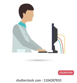 Scientist works behind a laboratory computer color flat illustration