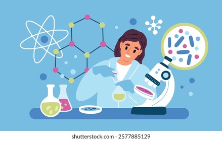 Scientist works. Biologist conducts laboratory experiments. Biologist studying bacteria and viruses. Experimental strains. Lab microscope and chemical beakers. Garish