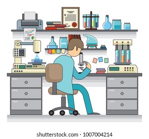 The scientist works in the laboratory. Biochemical research using modern scientific instruments and analyzers. Flat style, vector illustration