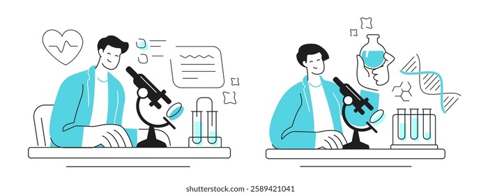 Scientist works with microscope in lab of hospital or clinic. Science researches and chemical laboratory experiments