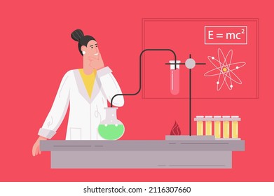 Scientist works in science laboratory modern flat concept. Woman researcher makes test using flasks and lab equipment, studies physics. Vector illustration with people scene for web banner design