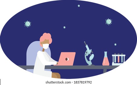 
scientist writes down working with laptop, near test tubes and microscope, vector female character in flat style