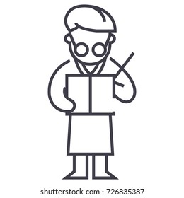scientist writing report vector line icon, sign, illustration on background, editable strokes