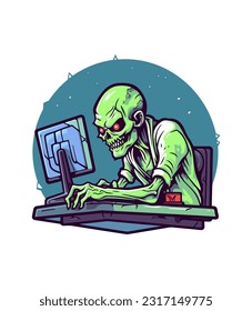 scientist zombie conquers the digital realm. Intricate hand-drawn logo illustration with a mix of horror and technology