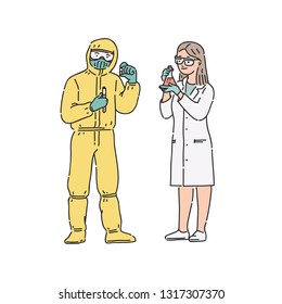 scientist-chemist woman and man in professional uniform. Vector people illustration in line art style on white background.