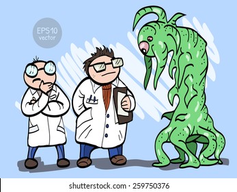 scientists and alien monster cartoon