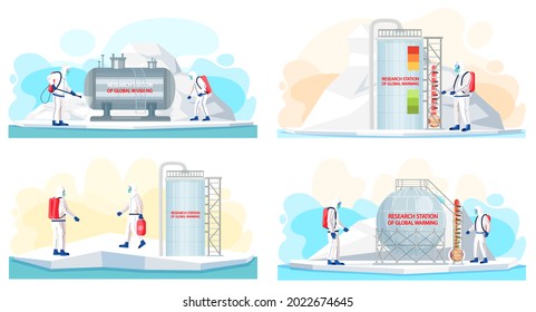 Wissenschaftler analysieren den Klimawandel. Sammlung von Illustrationen über die Arbeit in Forschungsstationen der Erderwärmung. Männer in Schutzkleidung arbeiten in der Antarktis. Charaktere erforschen die Erderwärmung, schützen den Planeten