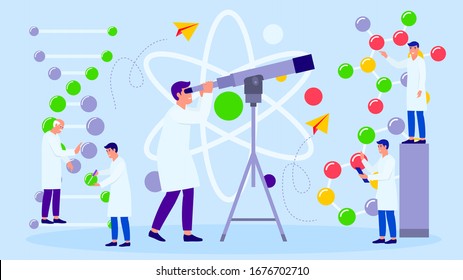 Scientists analyze data vector illustration. Group of scientists people works in team with professor in scientific astronomical, physical, chemical laboratory. Telescope and atom, molecule, dna.