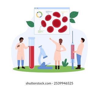 Científicos analizando muestras de sangre. Uno apunta a una Grande pantalla que muestra células sanguíneas, mientras que otros manejan una sonda de ensayo y una jeringuilla, que representan la Ilustración vectorial de la investigación médica.