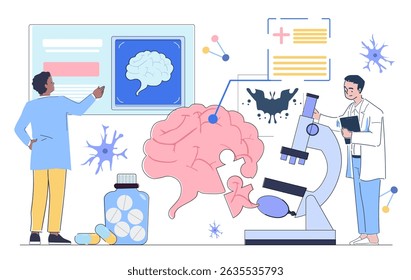 Scientists analyzing brain with microscope, brain scan, puzzle, and medication in modern flat graphic style on white background. Concept of neuroscience study. Vector illustration