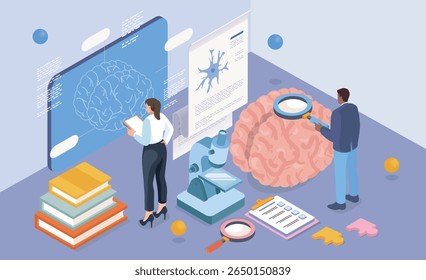 Cientistas analisando a estrutura do cérebro com microscópio, documentos, lupa e tela digital em laboratório moderno em ambiente roxo. Ilustração vetorial
