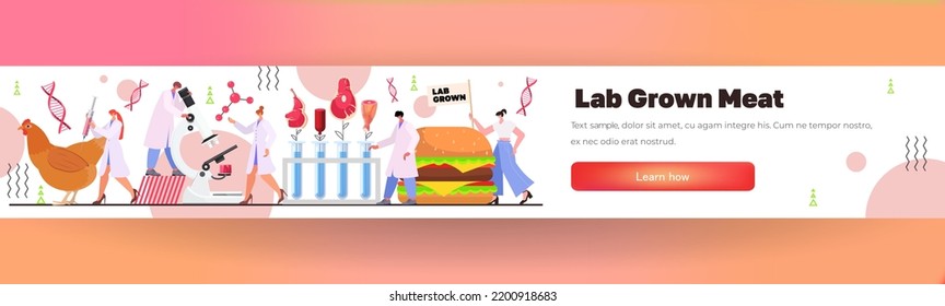 scientists analyzing cultured red raw meat made from animal cells artificial lab grown meat production concept
