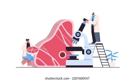 scientists analyzing cultured red raw meat made from animal cells artificial lab grown meat production concept