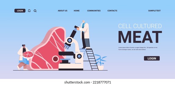 scientists analyzing cultured red raw meat made from animal cells artificial lab grown meat production concept