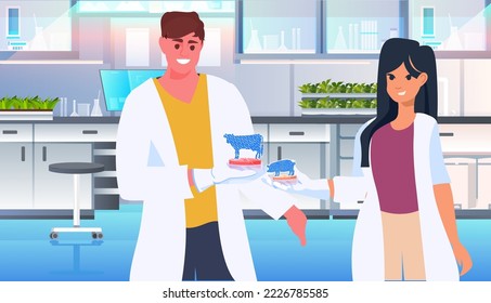 scientists analyzing dna of cultured pork and veal meat on artificial lab grown meat production concept