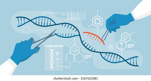 Scientists analyzing DNA helix and editing genome within organisms, CRISPR technology