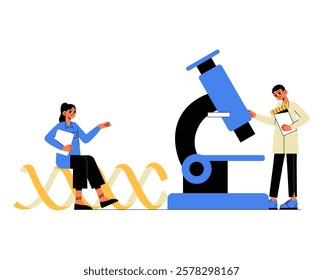 Scientists Analyzing DNA Structure With Microscope In Flat Vector Illustration Symbolizing Genetic Research, Biotechnology, And Laboratory Science, Isolated On White Background