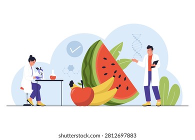 Scientists Analyzing Food Genetics. A female biochemist using a microscope while her male colleague evaluates genetic structures of a giant watermelon, apple, and banana