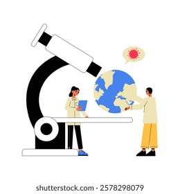 Scientists Analyzing Global Health In Flat Vector Illustration Symbolizing Research, Pandemic Studies, And Environmental Science, Isolated On White Background
