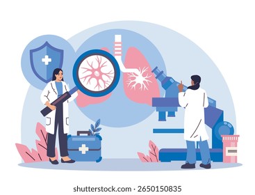 Cientistas analisando a estrutura pulmonar e células com lupa e microscópio, estilo gráfico plano, sobre fundo azul abstrato. Conceito de pesquisa em saúde. Ilustração vetorial