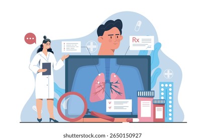 Cientistas analisando a estrutura pulmonar e células com lupa e microscópio, estilo gráfico plano, sobre fundo azul abstrato. Conceito de pesquisa em saúde. Ilustração vetorial