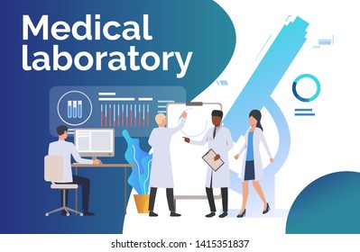 Scientists analyzing medical data vector illustration. Medical test, scientific research, biotechnology. Medical laboratory concept. Creative design for presentations, templates, banners