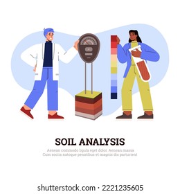 Scientists analyzing soil pollution level, flat vector illustration isolated on white background. People working in laboratory and testing earth samples. Concept of agriculture.