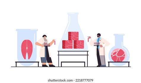 scientists analyzing test tubes with cultured red raw meat made from animal cells artificial lab grown meat production concept