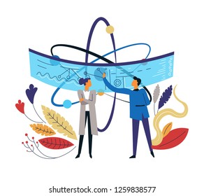Scientists and atom plants and scheme isolated icon man and woman in robes scientific development atomic model physics research and engineering abstract leaves and modern sensor screen vector.