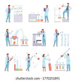 Wissenschaftler führen biochemische Laborversuche durch. Data Microscopy Biodistillation Titration Prüfen molekulare Struktur Koronovirus Farbe Impfstoff Forscherstatistik Anlage. Vektorflach.