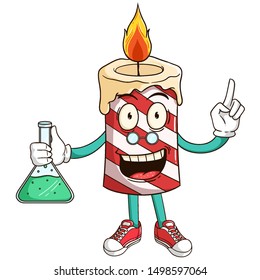 scientists of candle cartoon character make a chemical formula with funny smile face