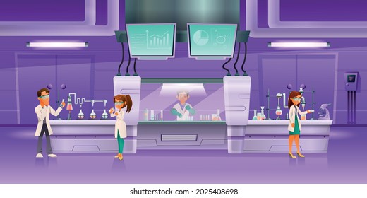 Scientists cartoon composition three scientists in a laboratory exploring and researching something important vector illustration
