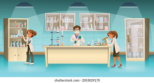 Scientists cartoon composition with view of laboratory interior with professional equipment furniture and people vector illustration