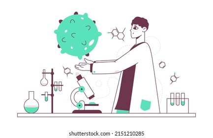 Scientists Character, Chemist Medical Development, Science Biology Lab Worker. Laboratory Experiment, Scientific Biotechnology Experiment Vector Symbols Illustration. Chemist Laboratory Concept