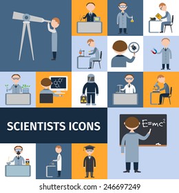 Scientists Character Icon Set With Mathematician Explorer Chemist Physicist Avatars Isolated Vector Illustration